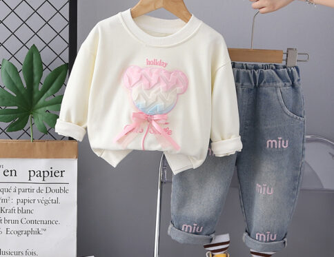 Baby Kids Clothes Sweet Cartoon Lace Bear full Sleeve T-shirts for girl