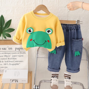Boys Yellow and Green Frog Kids Winter Full Sleeve T-shirt Applique Sweatshirt and Jeans Set