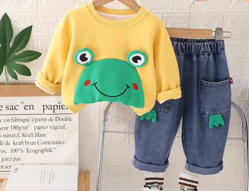 Boys Yellow and Green Frog Kids Winter Full Sleeve T-shirt Applique Sweatshirt and Jeans Set