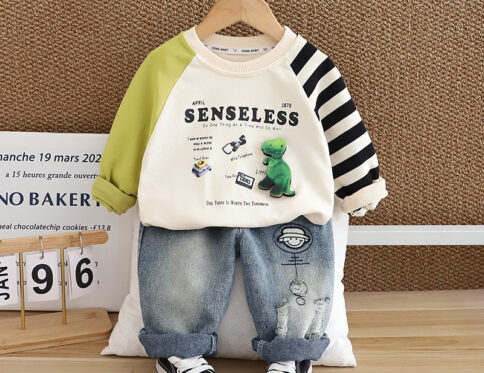 Boys Kids Pure Cotton Full Sleeve T-Shirt With jeans Three-dimensional Dinosaur