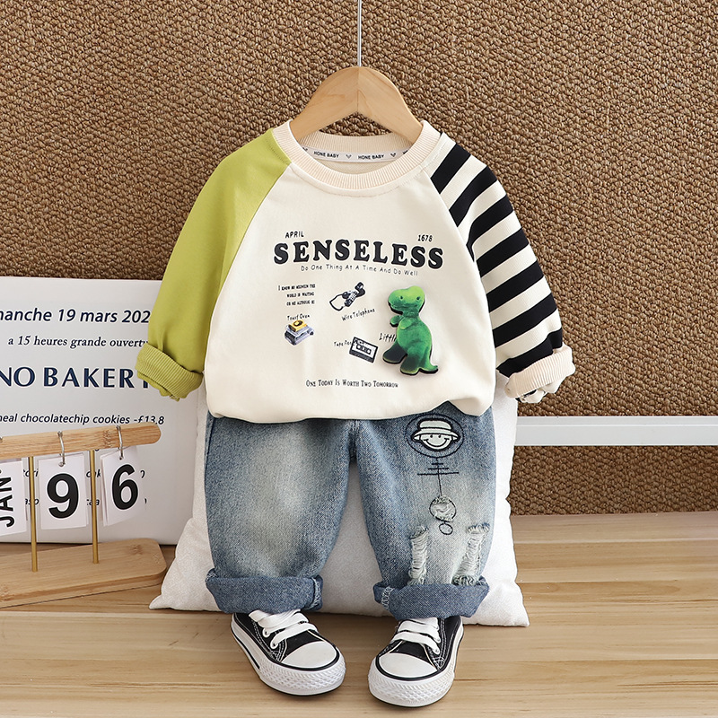 Boys Kids Pure Cotton Full Sleeve T-Shirt With jeans Three-dimensional Dinosaur