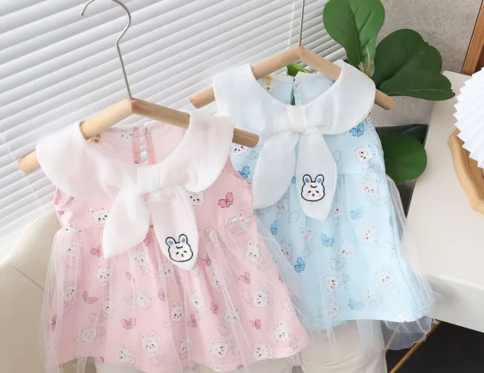 girl bunny dress summer girl's trendy pink & Blue navy style large lapel cartoon