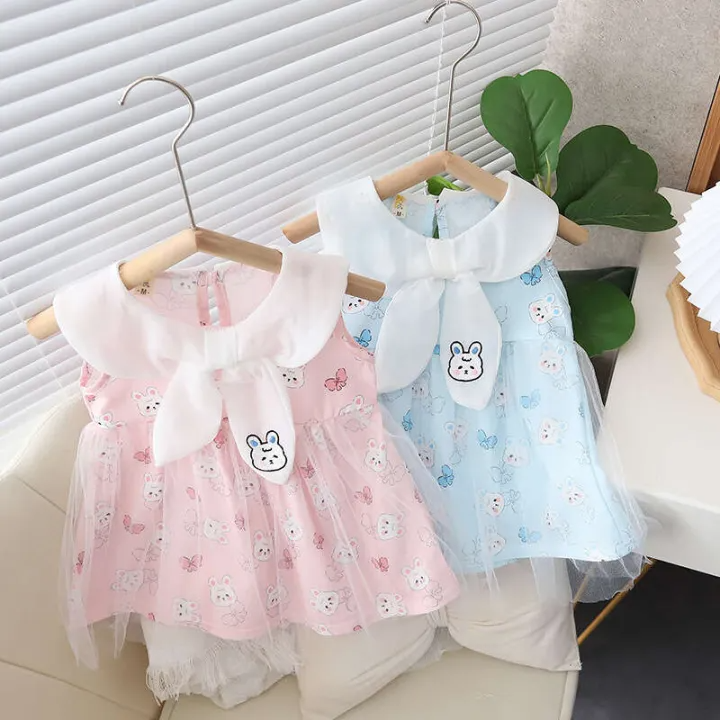 tbi42 girl bunny dress summer girl's trendy pink & Blue navy style large lapel cartoon
