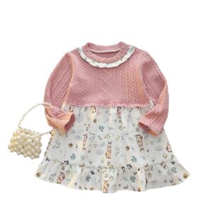 Girls Blue Woolen Bunny Printed Full Sleeves Fit & Flare Causal Dress