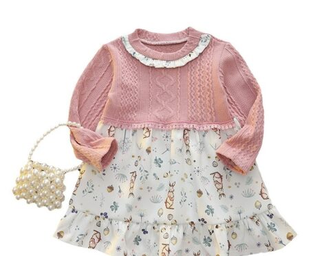 Girls Blue Woolen Bunny Printed Full Sleeves Fit & Flare Causal Dress