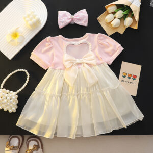 Summer Fashion New Round Neck Bubble Sleeve Bow Interlocking Girls' Dress