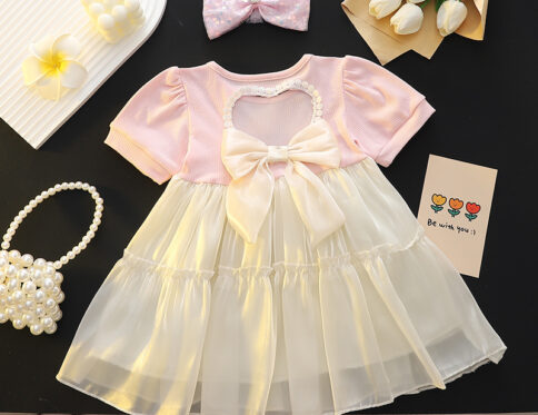 Summer Fashion New Round Neck Bubble Sleeve Bow Interlocking Girls' Dress