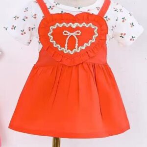 Orange conversational Heart is made out of Ribbon dress Round neck Short, regular sleeves