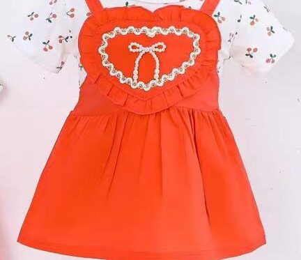 Orange conversational Heart is made out of Ribbon dress Round neck Short, regular sleeves