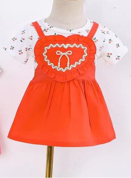 Orange conversational Heart is made out of Ribbon dress Round neck Short, regular sleeves
