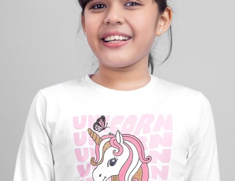 White and pink T-shirt for Girl Unicorn printed Regular length Round neck Full Sleeves