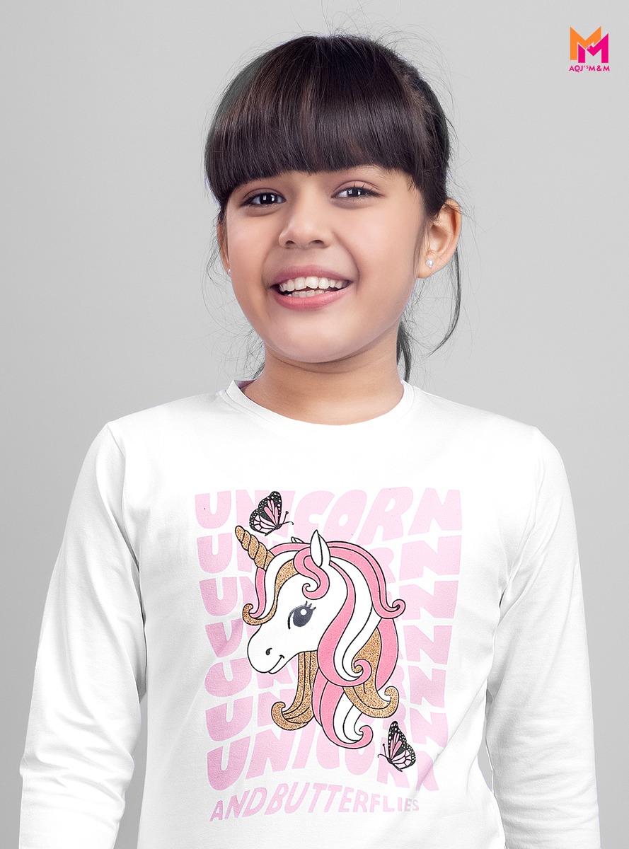 White and pink T-shirt for Girl Unicorn printed Regular length Round neck Full Sleeves