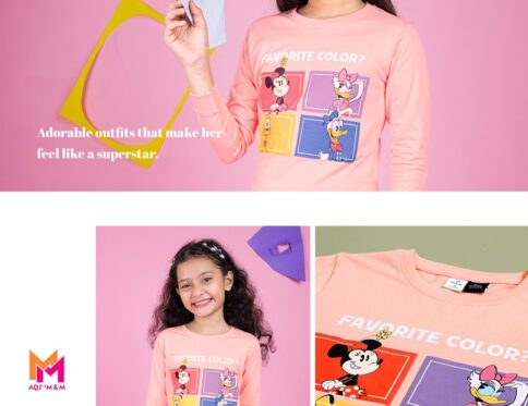 Peach Color Bio Cotton Knit Regular Fit Minnie & Friends Multicolor Printed Regular Length Round Neck Full Sleeve