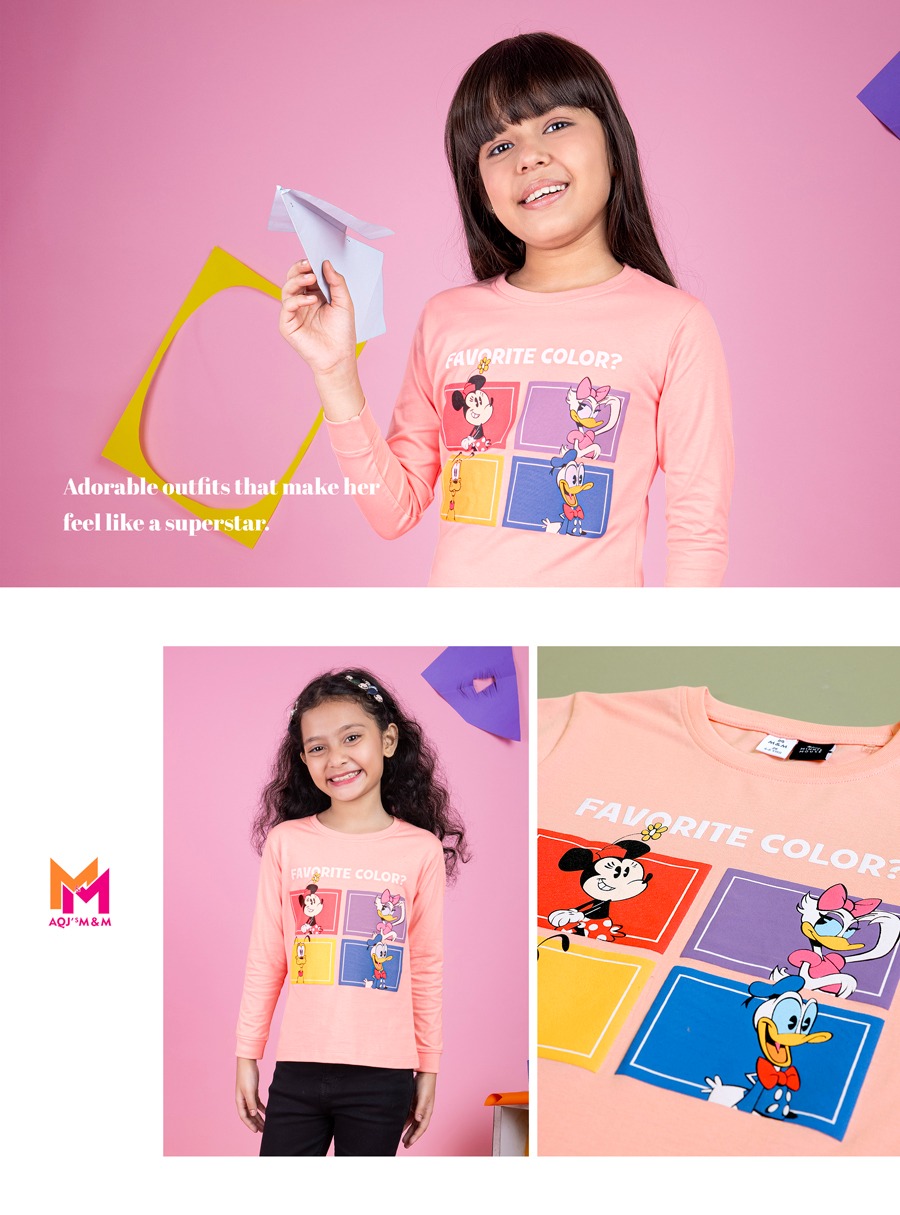 IMG-20241209-WA0121 Peach Color Bio Cotton Knit Regular Fit Minnie & Friends Multicolor Printed Regular Length Round Neck Full Sleeve
