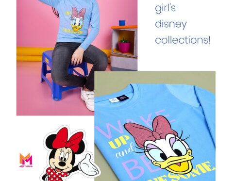 ky Blue Color Cotton Knit Regular Fit Daisy Glitter Bow Typography Printed Regular Length Round Neck Full Sleeve