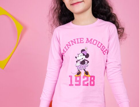 Pink Color Cotton Knit Regular Fit Minnie Mouse Typography Printed Regular Length Round Neck Full Sleeve