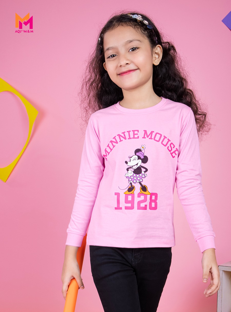 Pink Color Cotton Knit Regular Fit Minnie Mouse Typography Printed Regular Length Round Neck Full Sleeve