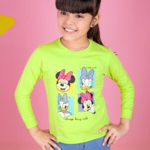 Pear Green Cotton Knit Regular Fit Minnie & Daisy Happy Mood Printed Regular Length Round Neck Full Sleeve Casual Wear T-shirt