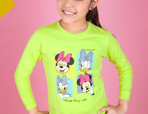 Pear Green Cotton Knit Regular Fit Minnie & Daisy Happy Mood Printed Regular Length Round Neck Full Sleeve Casual Wear T-shirt