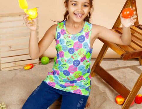 Multi colour emoji printed regular  tank top Solid Round neck, Top no sleeves Knitted