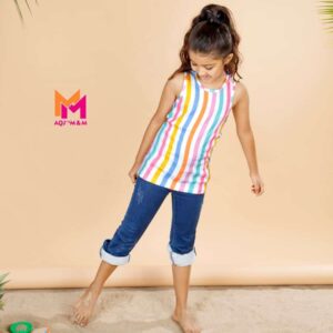 Multi colour stripe printed regular tank top Solid Round neck, Top no sleeves Knitted