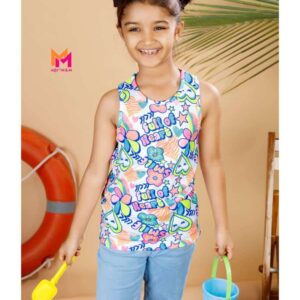 Multi colour funky flower tax printed regular tank top Solid Round neck, Top no sleeves Knitted
