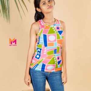Multi colour geo printed regular tank top Solid Round neck, Top no sleeves Knitted