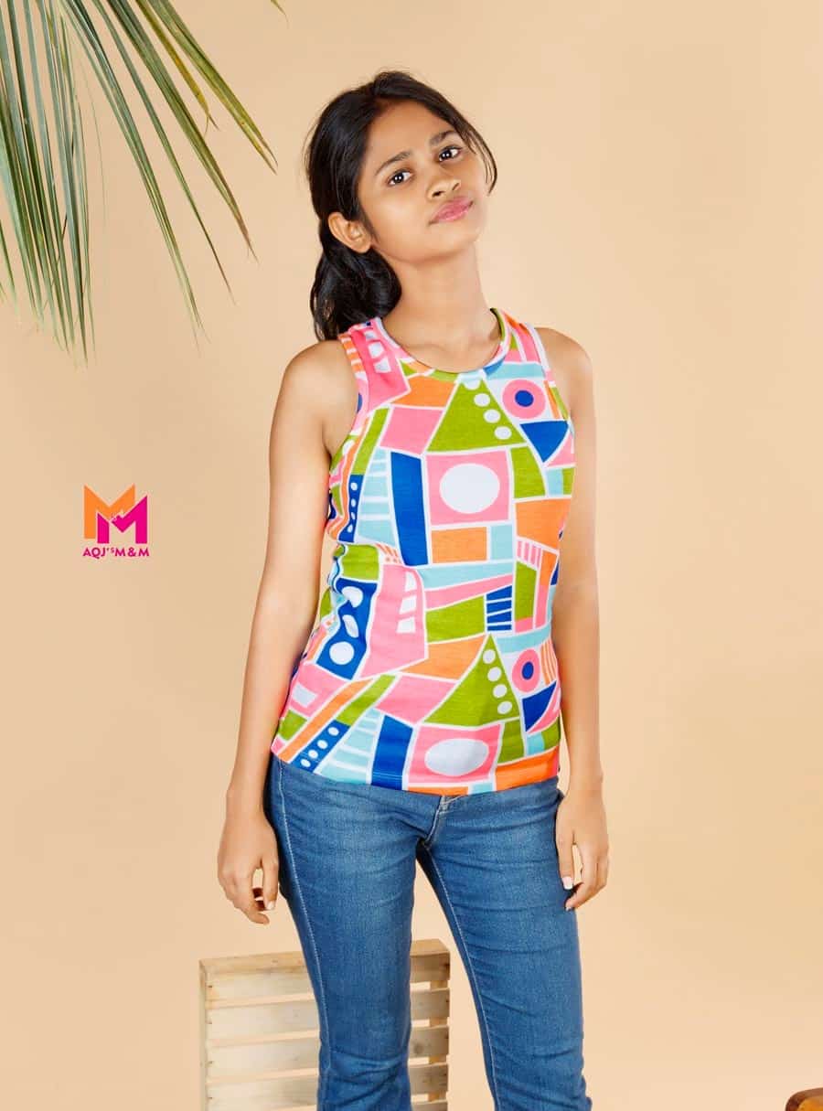IMG-20250304-WA0067 Multi colour geo printed regular tank top Solid Round neck, Top no sleeves Knitted
