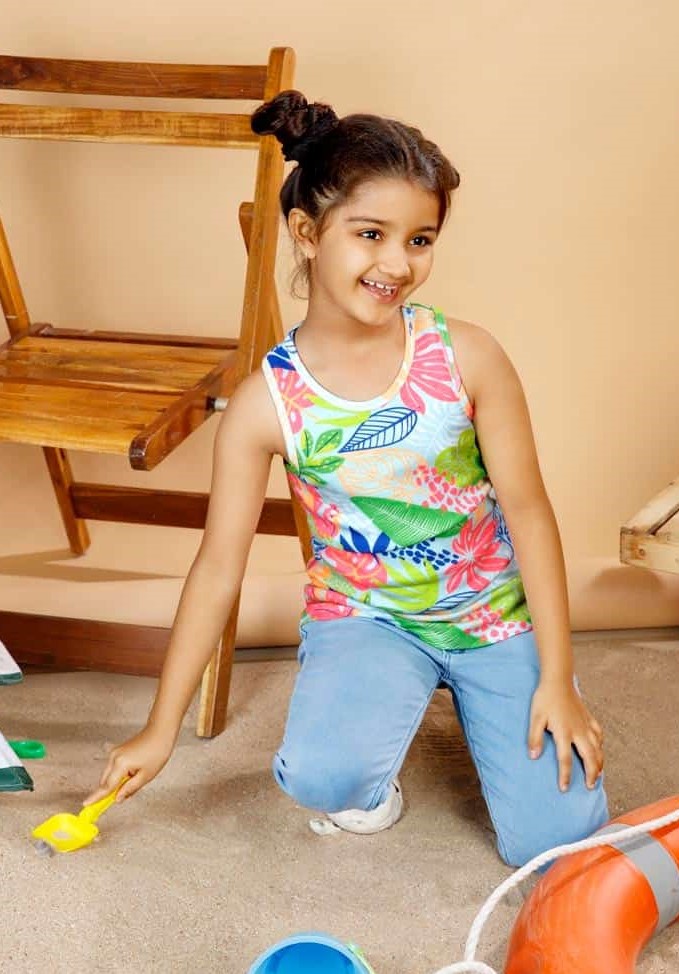 m&m girls tank top sleeveless Round neck flower printed cotton